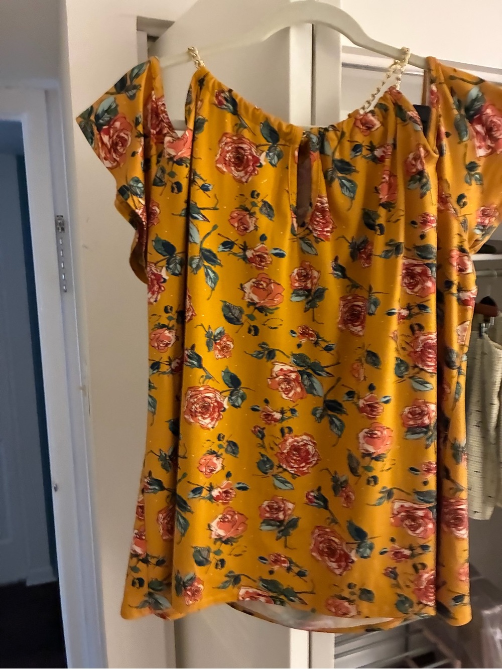 First Love Mustard Yellow Floral Off-Shoulder Top with Chain Straps